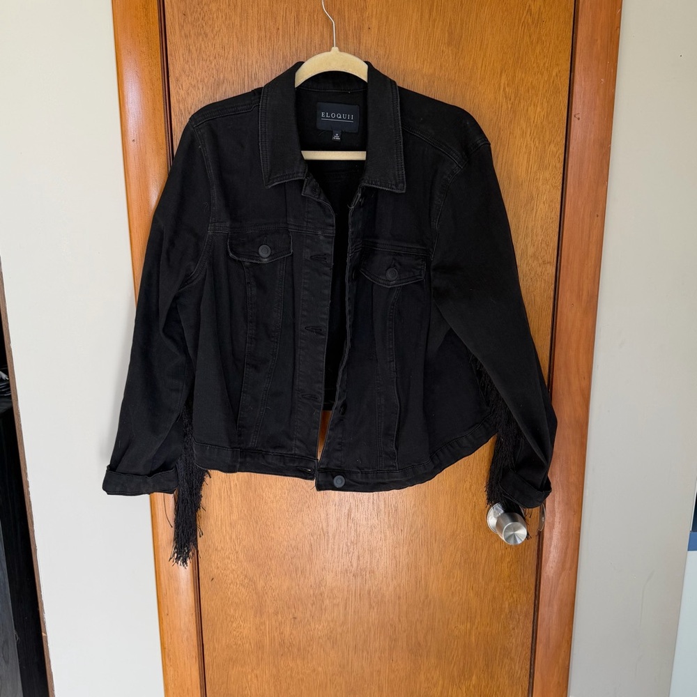 Eloquii Black Fringe Denim Jacket Size 18 | Statement Layer Festival Spring - Picture 7 of 7